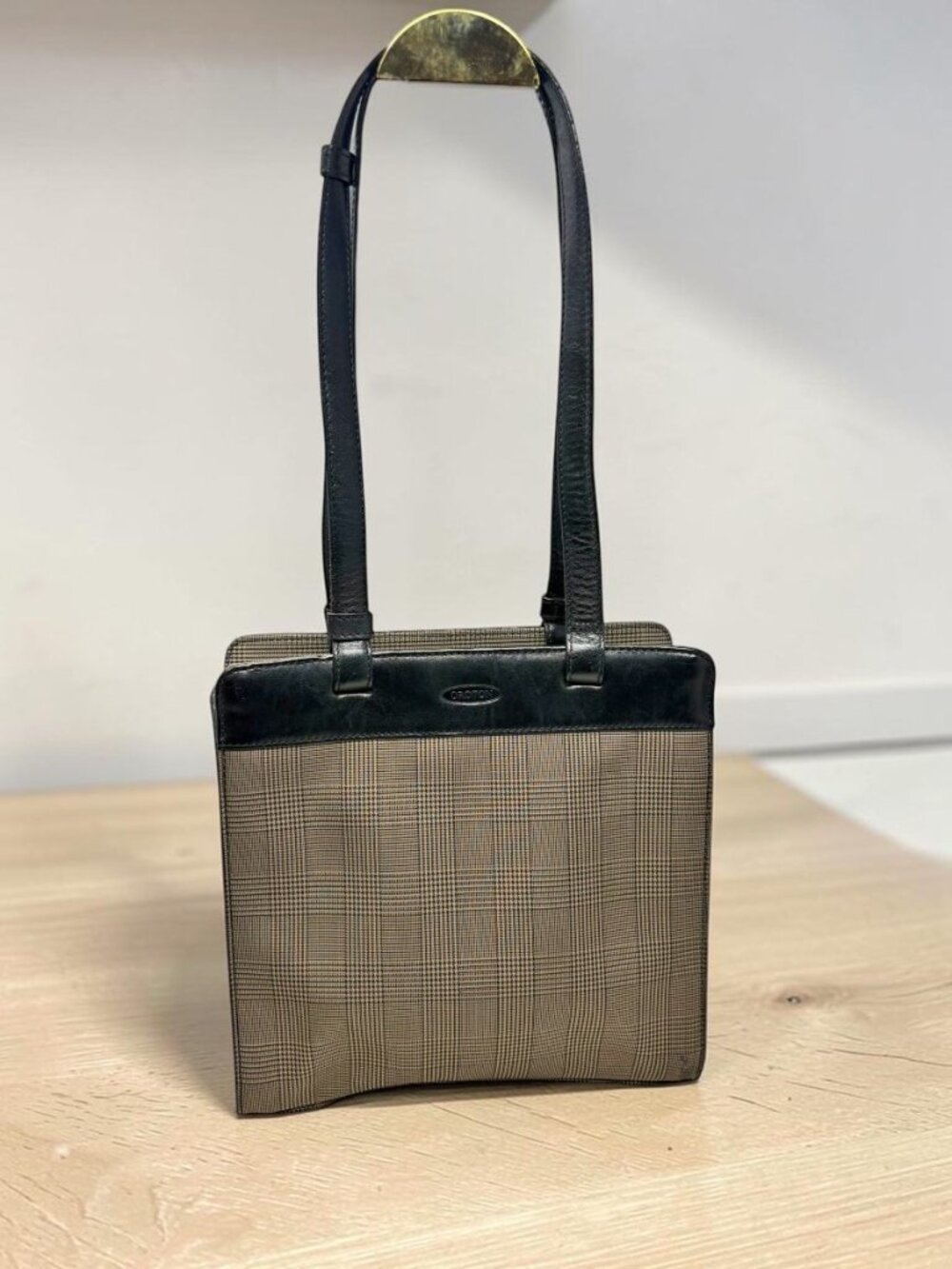 Vintage Oroton Brown Glen Plaid Black Leather Trim Shoulder Tote Bag